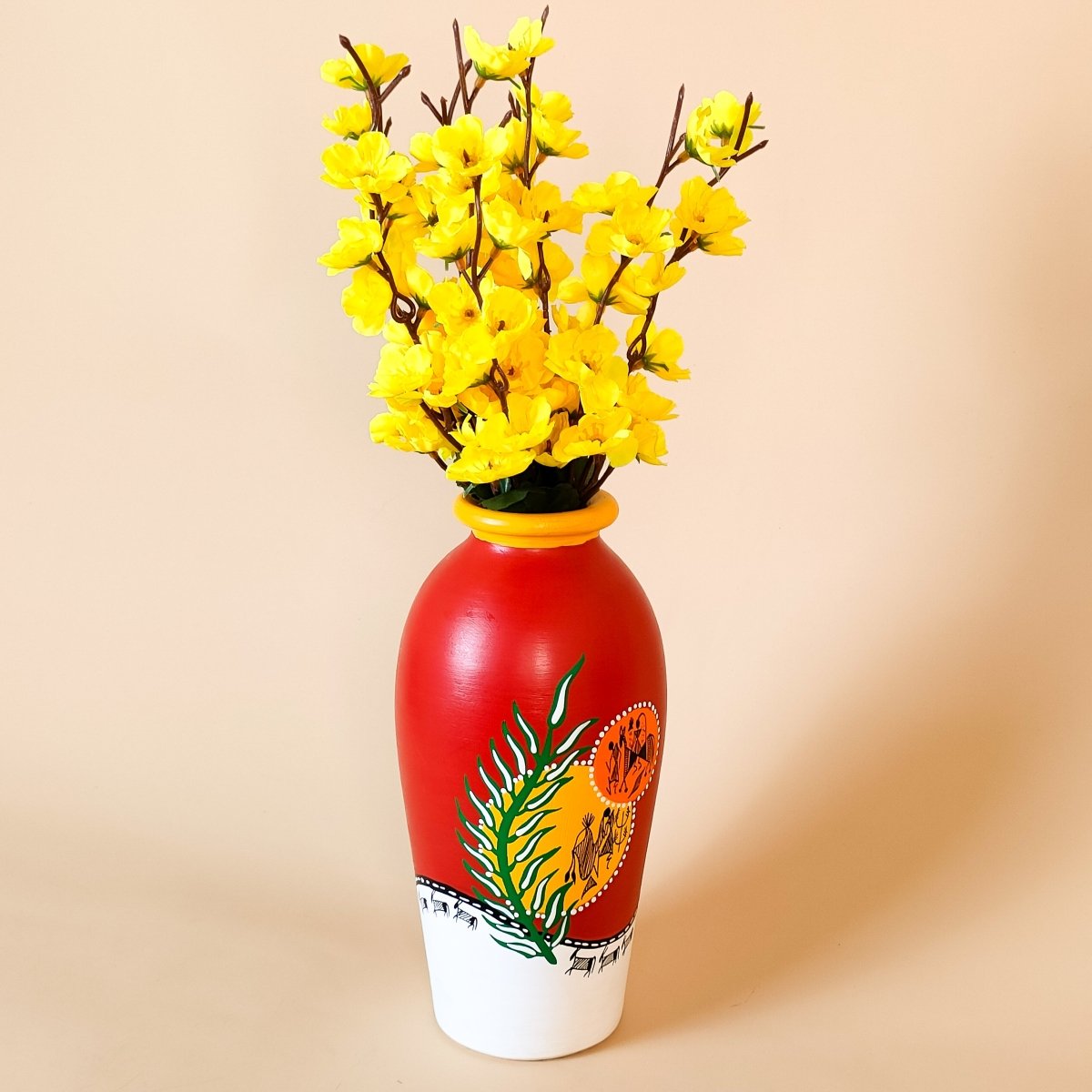 🌺 Vibrant Red & Yellow Warli Art Vase – Handcrafted Tribal Masterpiece - Memories InsiteRED & YELLOW WARLI VASE